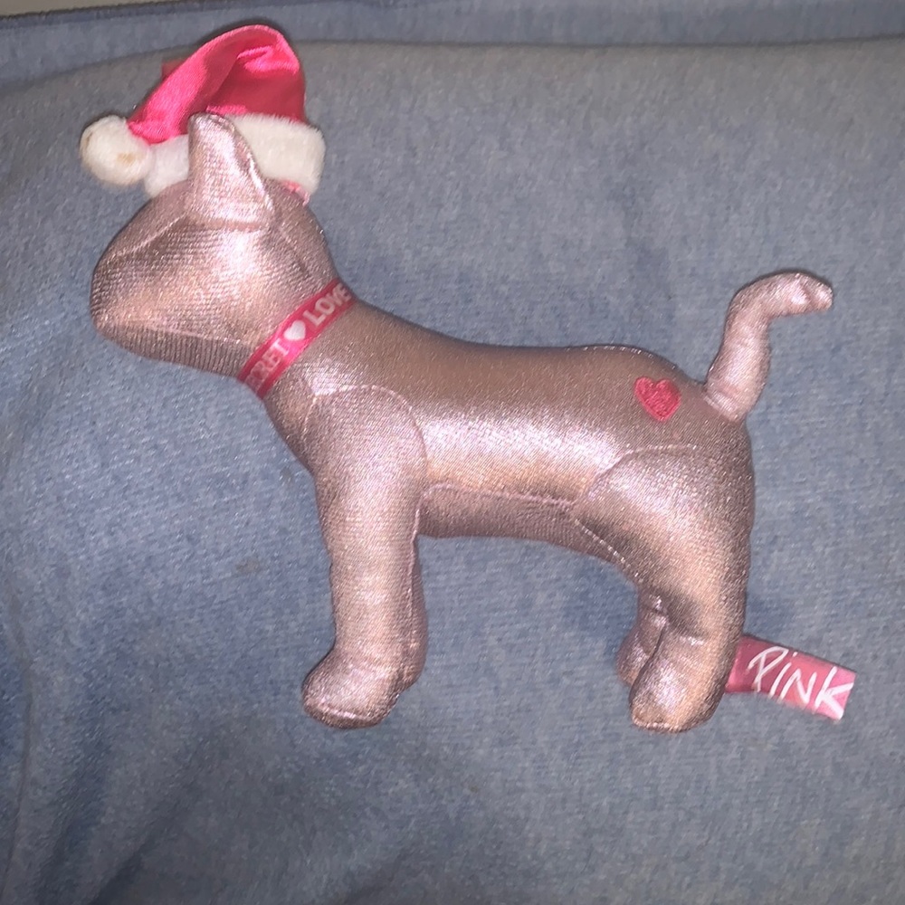 Victorias Secret VS PINK Dog Puppy Plush w Santa Hat Metallic Rose 5 inches tall